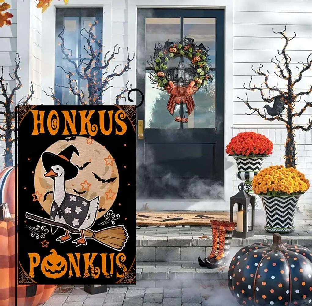 Фото Флаг на Хэллоуин Honkus Ponkus Witch Goose - 12x18 дюймов, двусторонний, забавное украшение для двора, для приветствия гостей и празднования Хэллоуина PPZ №5