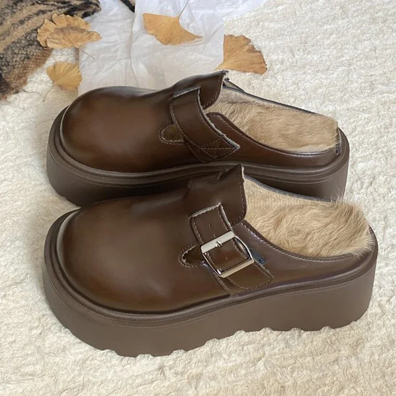 Женские хлопковые тапочки на платформе прогулочная кожаная обувь меху плоской