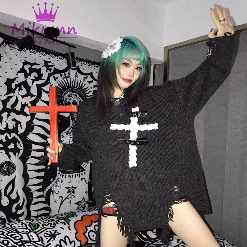 

Grunge Gothic Cross PU Metal Buckle Women Sweater Harajuku Y2k Punk Black O-neck Long Sleeve Loose Knitted Pullover Streetwear