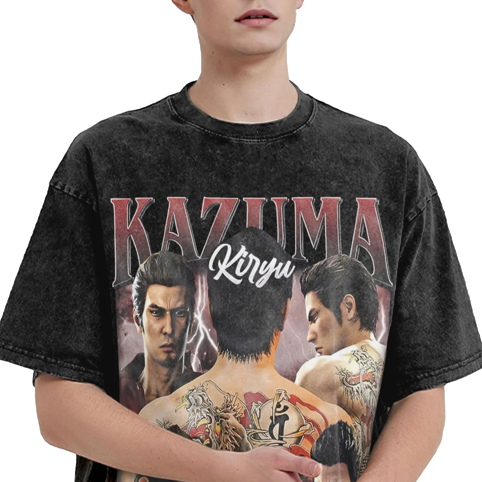 Фото YAKUZA Kazuma Kiryu винтажные стильные потертые футболки уличная одежда в стиле хип-хоп винтажные футболки футболки для мужчин и женщин 100% хлопок с графикой №4