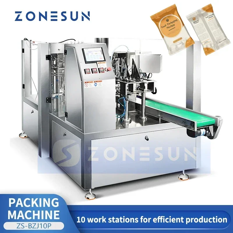 Фото Автоматическая машина для фасовки и запайки готовых пакетов ZONESUN ZS-BZJ10P, роторная упаковочная машина для пакетов DoYpack, оборудование для фасовки жидкостей и паст №1
