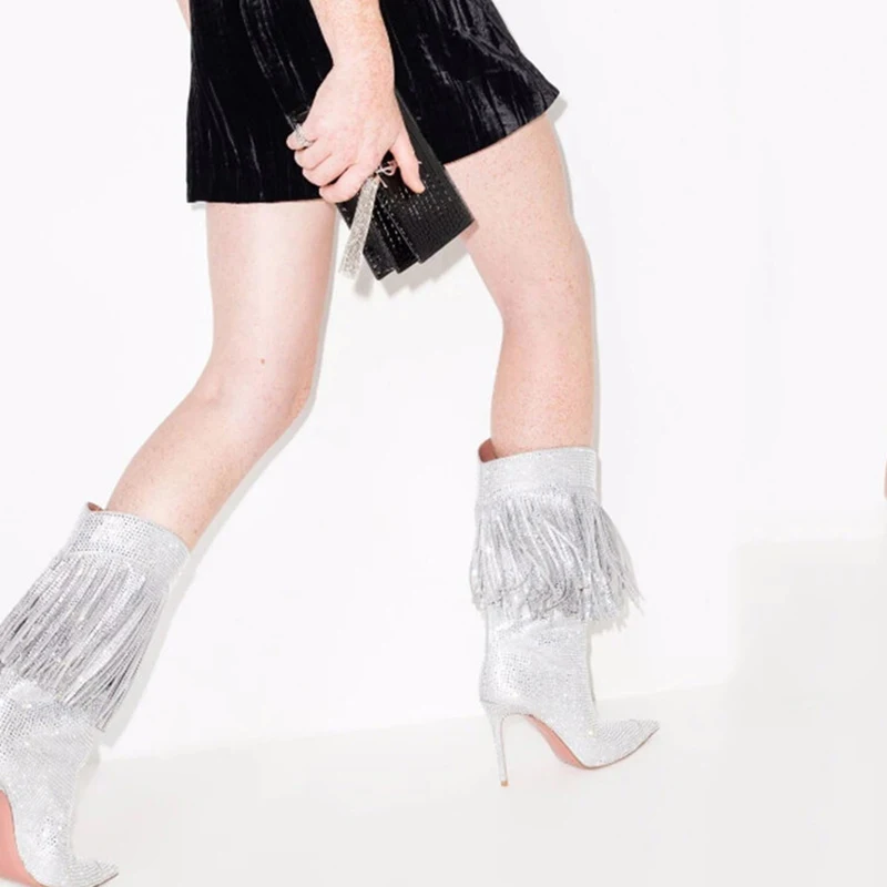 Luxury Diamonds Tassels Women Custom Knee High Boots Sexy Pointy toe Stiletto Heels Shoes Fancy Suede Long Women Booties