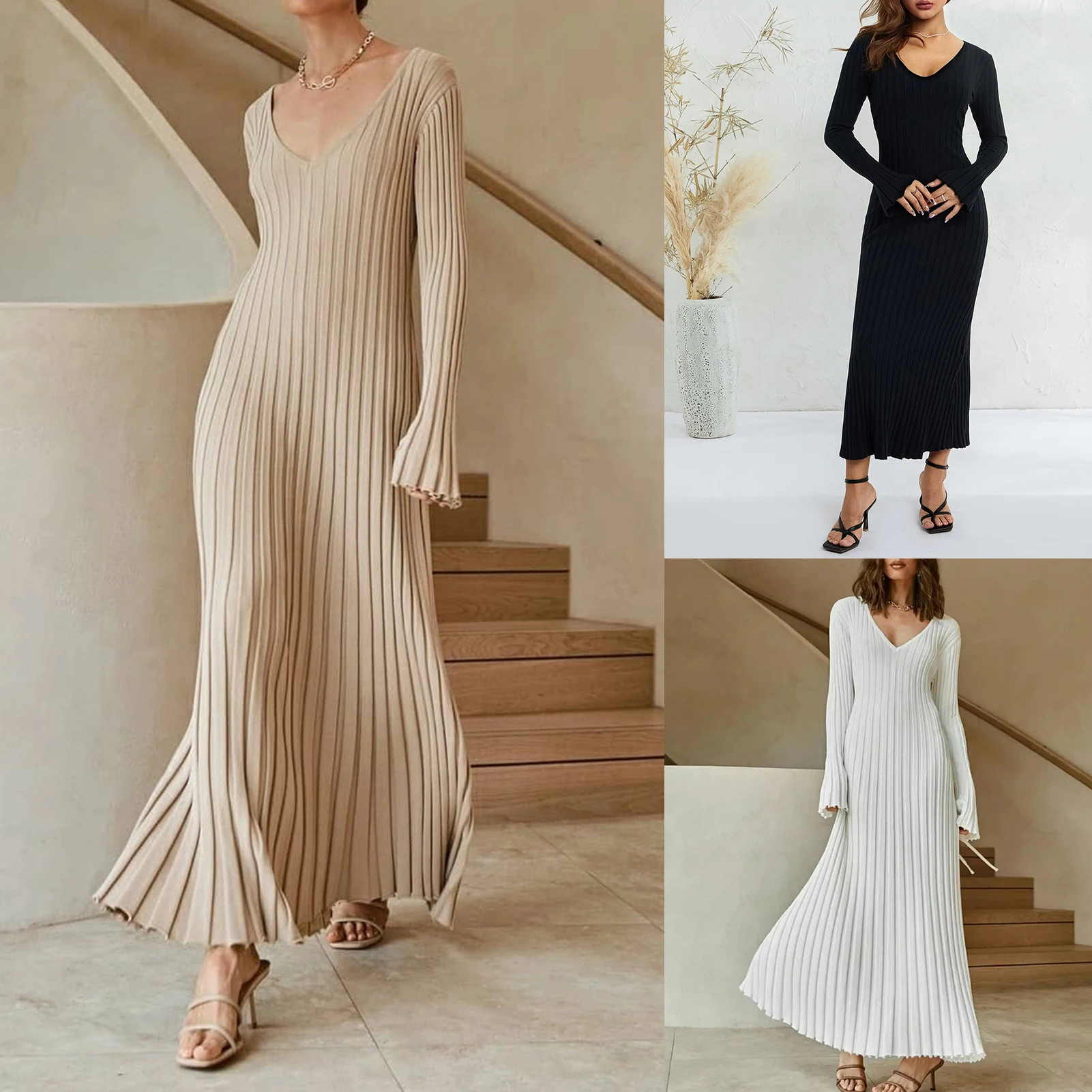 

Knitted Maxi Dress Casual V-neck Women Autumn Elegant Ribbed Long Sleeve Bodycon Dress 2023 Ladies Fashion Streetwear Dresses