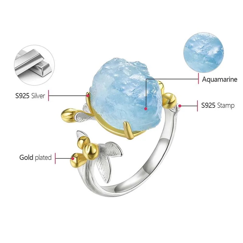 Lotus Fun 18K Gold Natural Aquamarine Gemstone Flower Adjustable Rings for Women Real 925 Sterling Silver Fine Luxury Jewelry images - 6