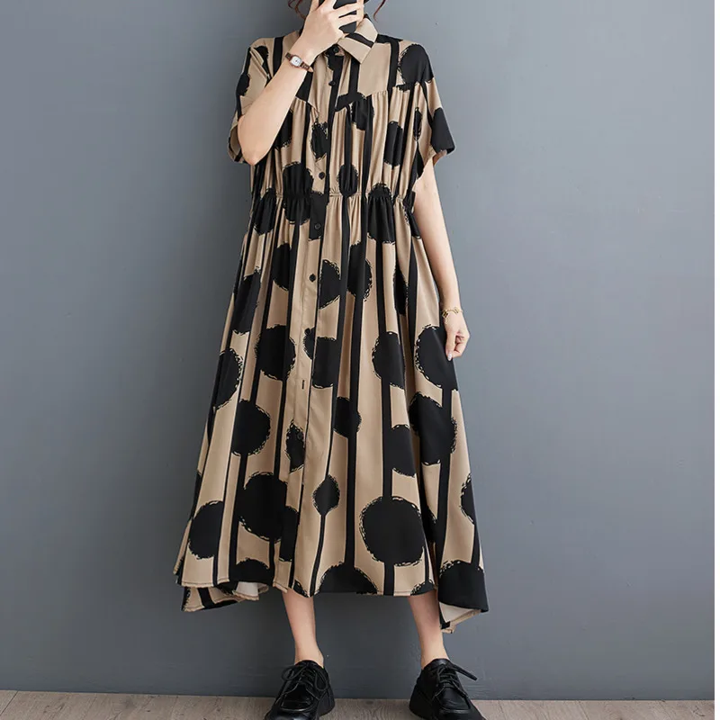 # 3852 Длинное платье-рубашка с принтом в горошек женское платье трапециевидной