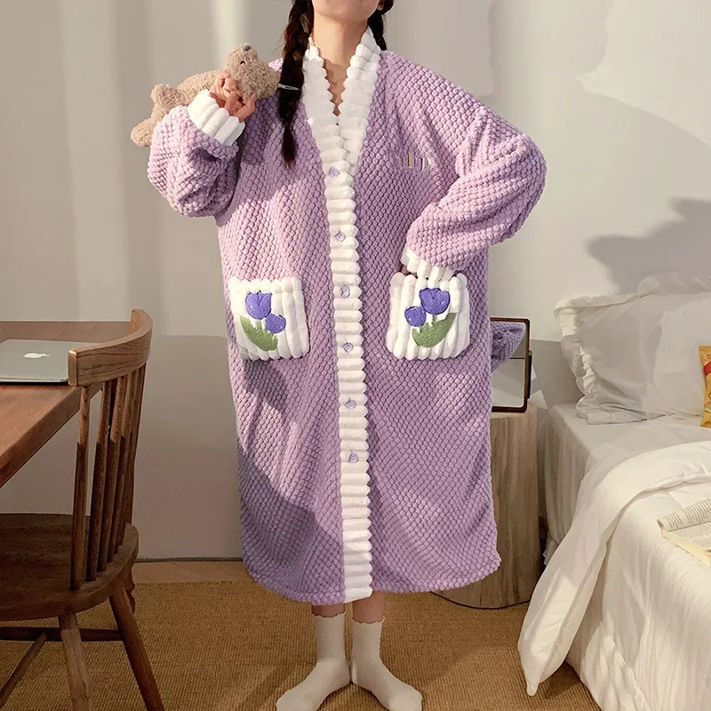 Жаккардовая одежда для сна на флисовой подкладке женщин утолщенная ночная