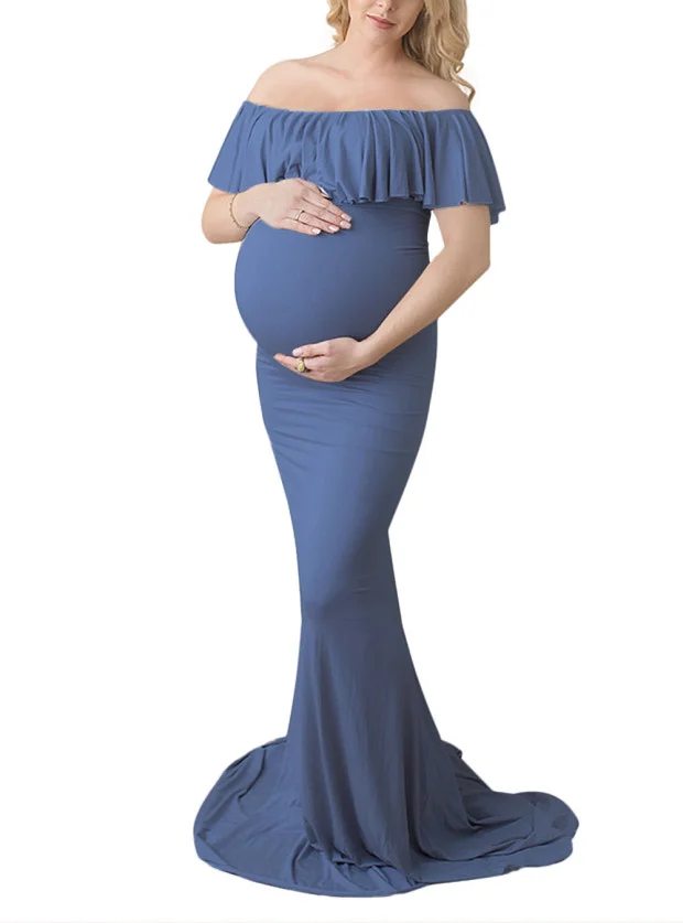 

Party Maxi Maternity Dress for Pregnancy Women Slash Neck Mermaid Dress Lattern Long Sleeve Elegant Photography Long Gown Dress