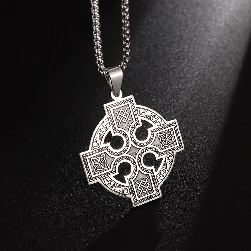 

New Retro Stainless Steel Celtic Knot Cross Amulet Pendant Necklace Men Viking Style Domineering Motorcycle Party Jewelry Gift