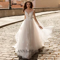 anna classic o neck tulle wedding dresses appliques sleeveless illusion button sweep train vestidos de novia customised