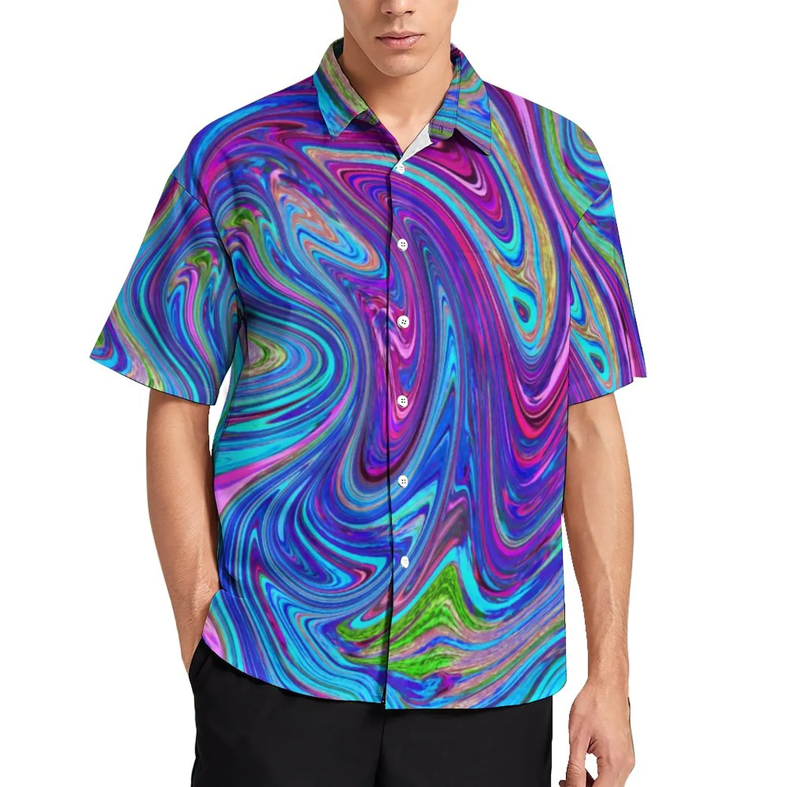 

Повседневная рубашка в стиле ретро 60-х годов, Пляжная Свободная рубашка Groovy с абстрактной жидкостью, Гавайские блузки Y2K с коротким рукавом, топы большого размера с графическим рисунком