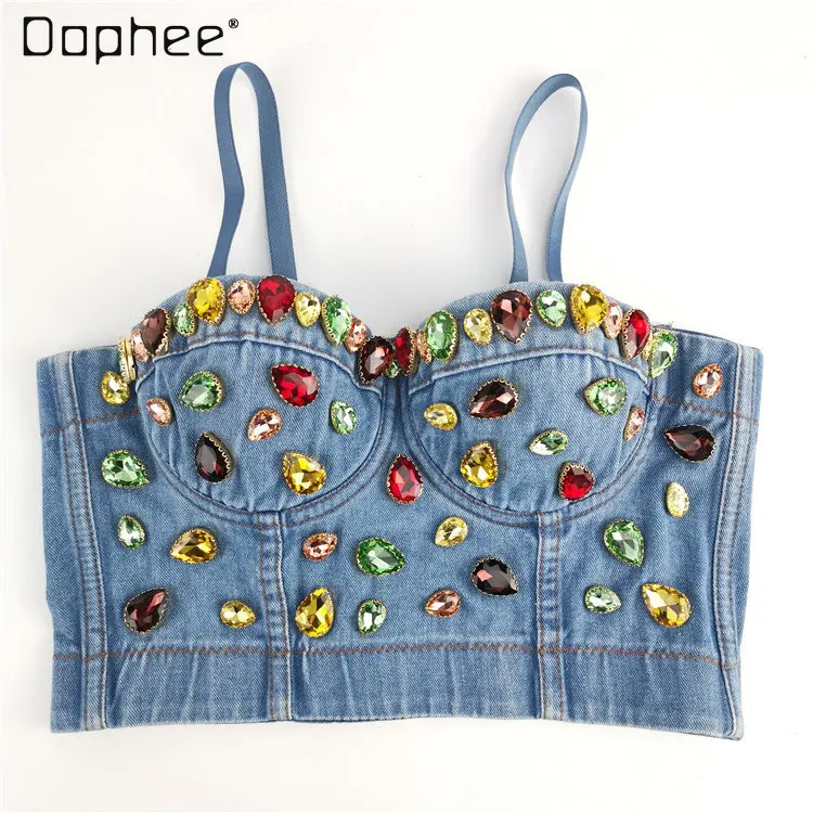 

Body Shaping Gem Colorful Crystals Denim Camisole Crop Top 2023 Spring New Sexy Woman Rhinestones Tight Navel Tube Tops Mujer