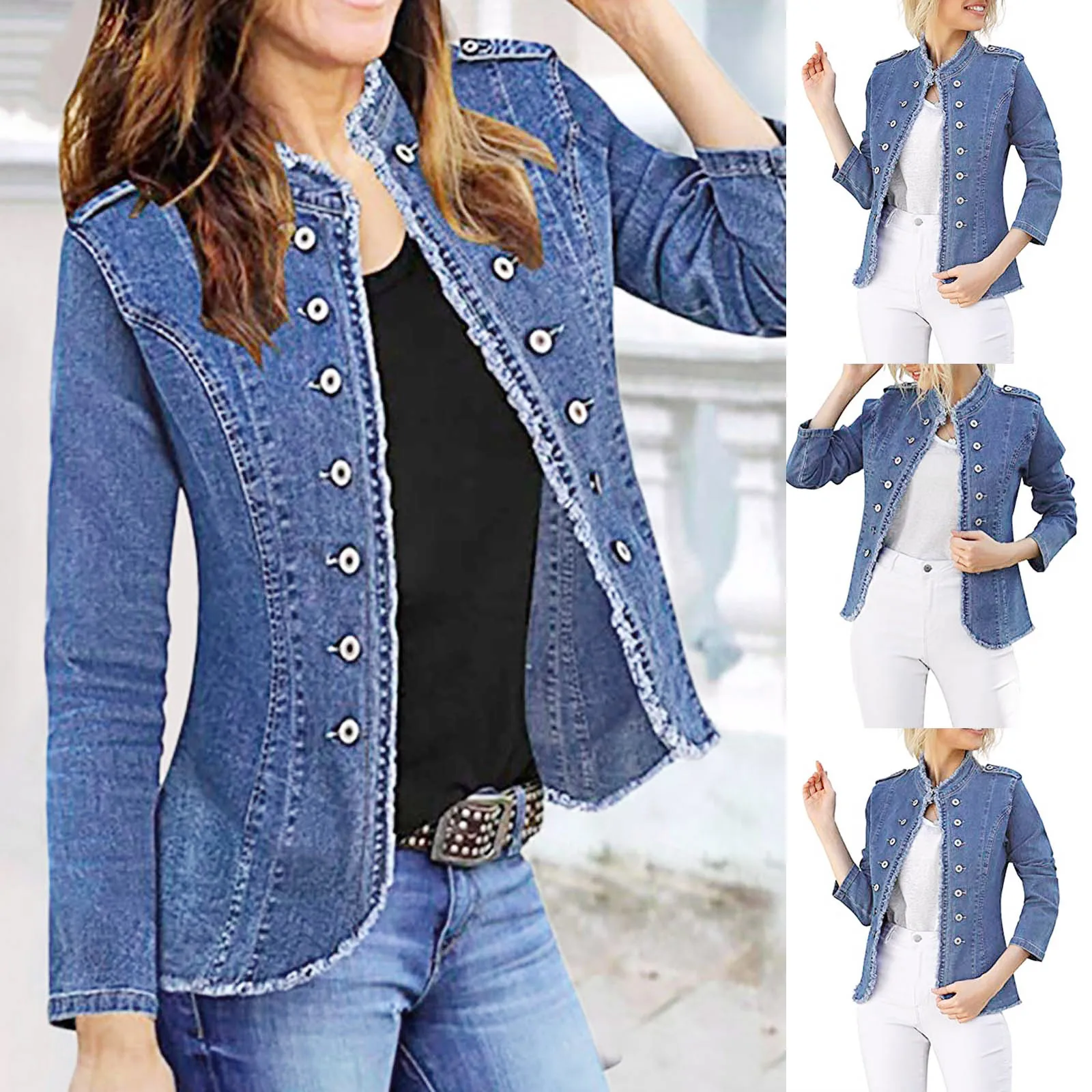 

Женская джинсовая однобортная куртка с воротником-стойкой, однотонная Облегающая джинсовая куртка, 2023