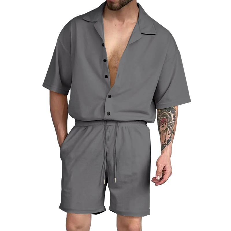Summer Hot Selling Men's Cardigan Polo Solid Short Sleeve+Elastic Drawstring Waist Shorts Two Piece Fashion Casual Set