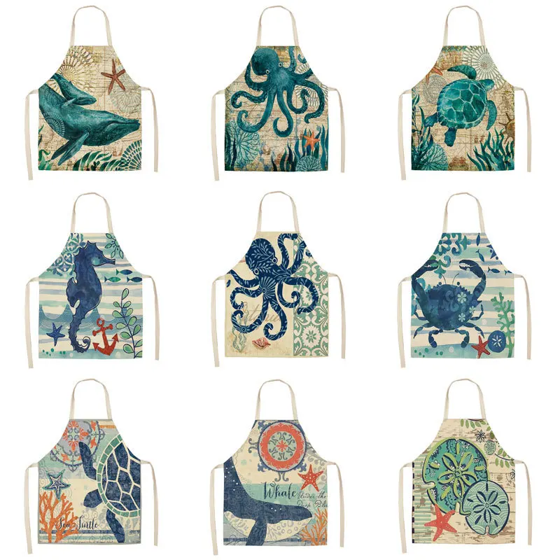 

1 Pcs Turtle Ocean Color Pattern Cleaning Art Aprons Home Cooking Kitchen Apron Cook Wear Cotton Linen Adult Bibs Women Apron