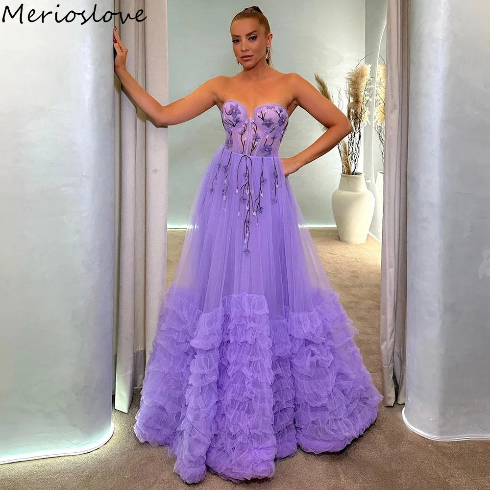 

Женское вечернее платье Merioslove, фиолетовое Тюлевое платье с оборками в несколько рядов, с вышивкой, кружевной аппликацией, трапециевидного силуэта, Саудовский, арабский наряд для выпускного вечера