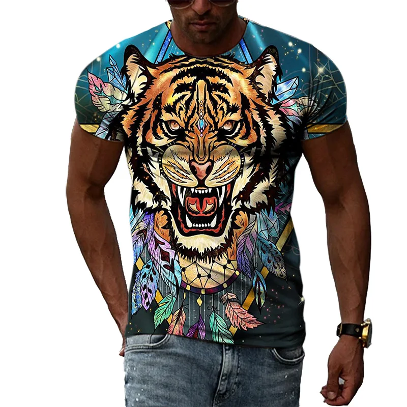 

Summer 3D Printing Tiger Renderings Round Neck Pullover Breathable Sports T-shirt XS-5XL