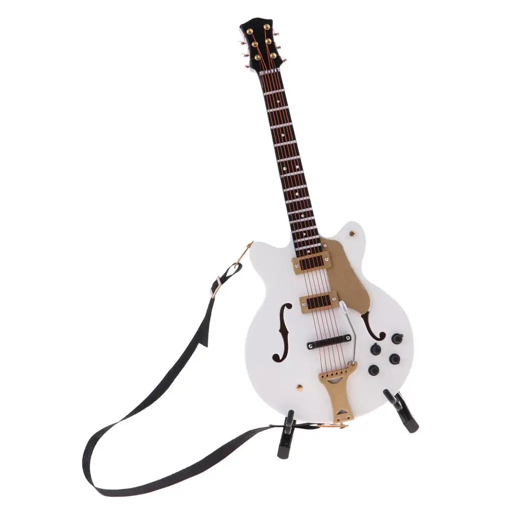 

1/6 Toy Guitar Musical Instrument Miniature Dollhouse Model Home decoration with Stand Case for Music Room (White)