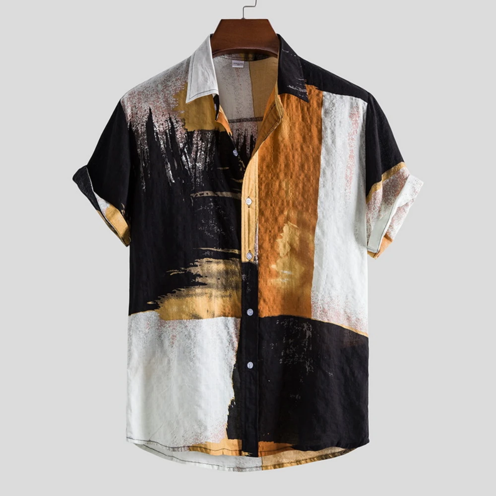 Men's short-sleeved color-block shirt, flower button, loose, informal, Hawaiian, ethnic, party, summer 2023 casual lapel top