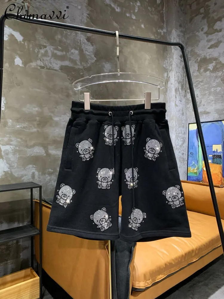 

Heavy Embroidery Hot Drilling Casual Cartoon Bear Terry Cotton Half Pants Women's 2023 Summer Light Luxury Fashion Brand Shorts