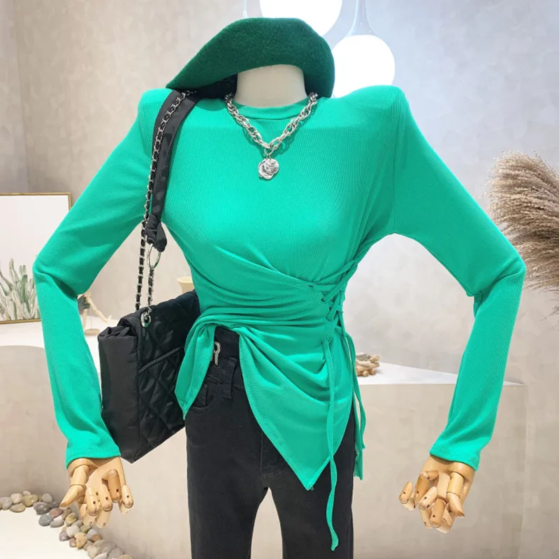 

New Women's Clothing 2022 Spring Vintage Irregular cross bandage Long sleeve Bottomed T-shirt Tops blusa feminina