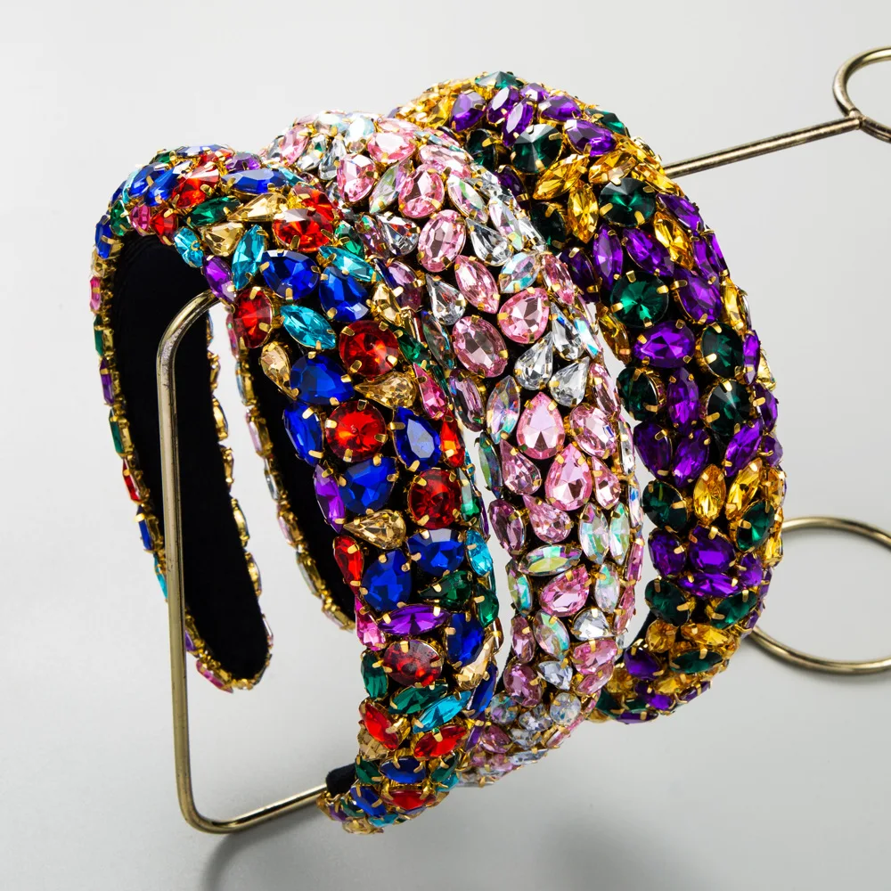 

Fashion Baroque Heavy Industry Headband Women's Full Rhinestone Shiny Sponge Wide Edge Hairband Hair Hoop Hair Accessories New