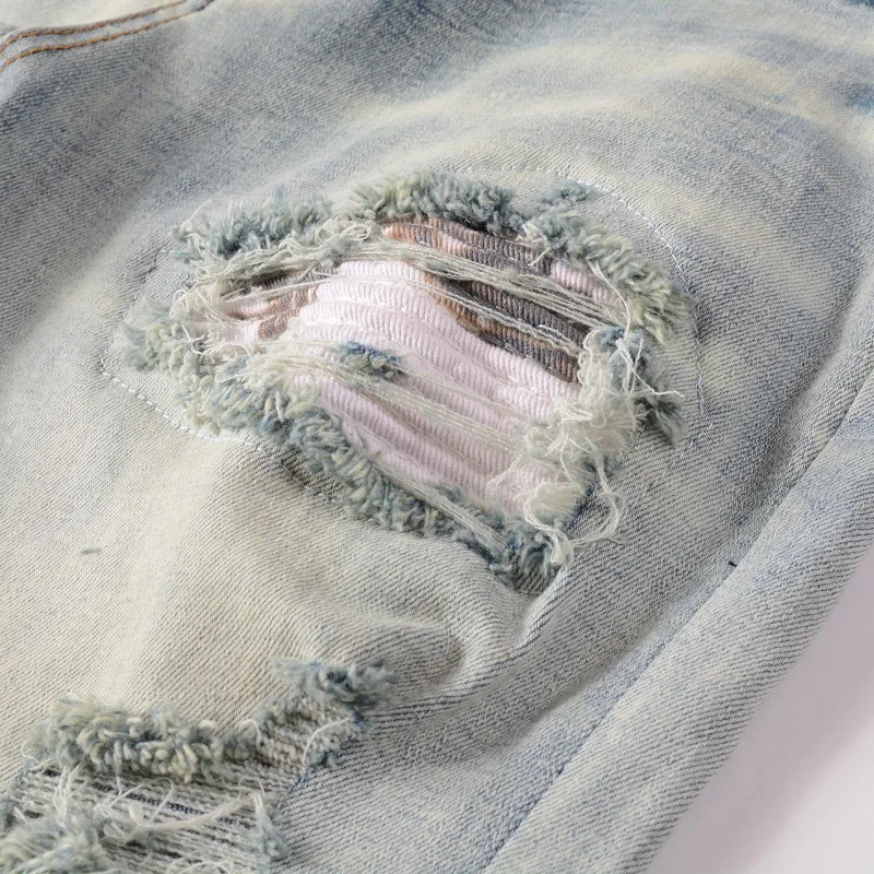 Men's Fashion Style Light Blue Slim Fit Distressed Streetwear Bandanna Patchwork Skinny Stretch Holes High Street Ripped Jeans