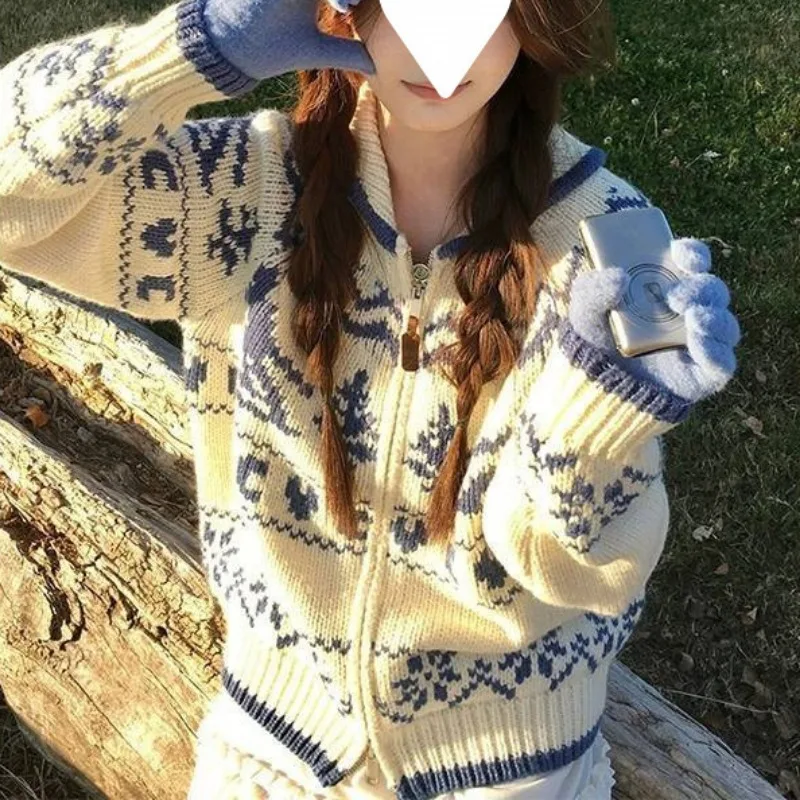 Зимняя рождественская елка жаккардовый вязаный кардиган на молнии свитер пальто