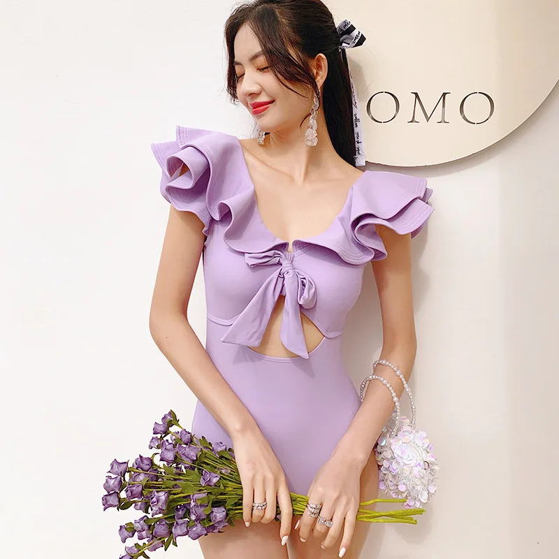 

New Conservative Covering Belly Thin Purple Flounced High Waist Backless Fashion Spa Vacation Fairy One-Piece Swimsuit for Women