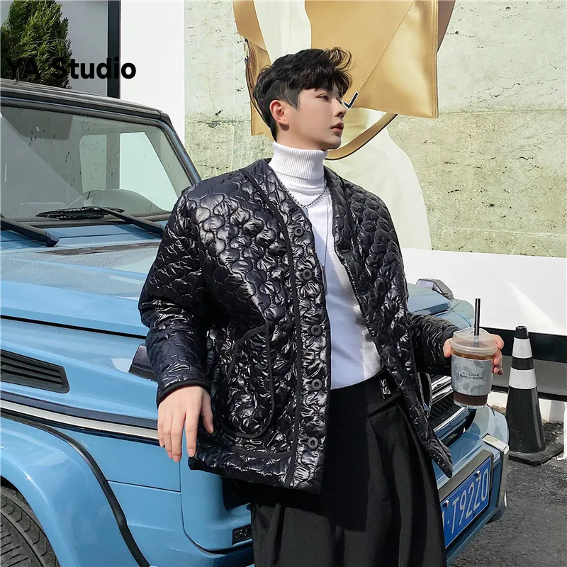 

[YA Studio] 2023 Winter Men's Korean Version Of The Trend Diamond Lattice Round Neck Thin Fashion Coat Bright Cotton Jacket