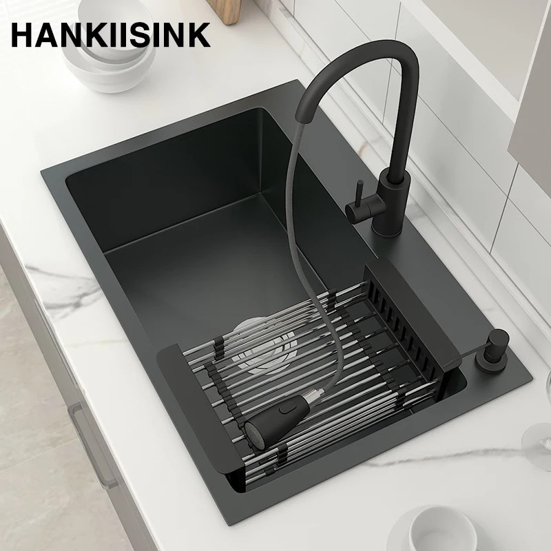 

Black 304 Stainless Steel Kitchen Sink Single Bowl Countertop Wash Basin For Kitchen Fixture With Drain Accessories