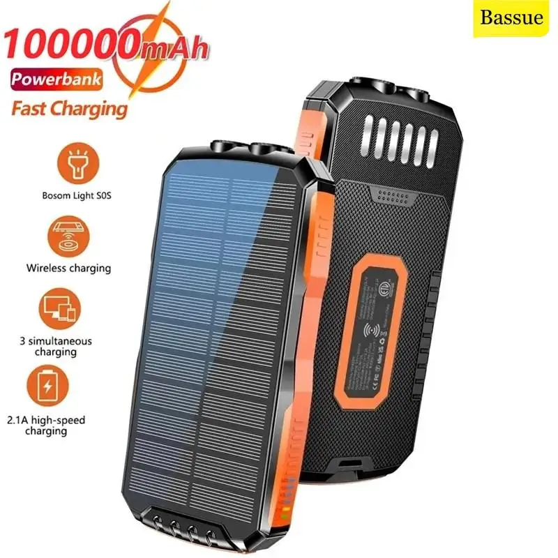 

100000mAh Solar Power Bank Qi Wireless Charger for iPhone 12 Samsung S21 Xiaomi Powerbank Portable External Battery LED Poverban
