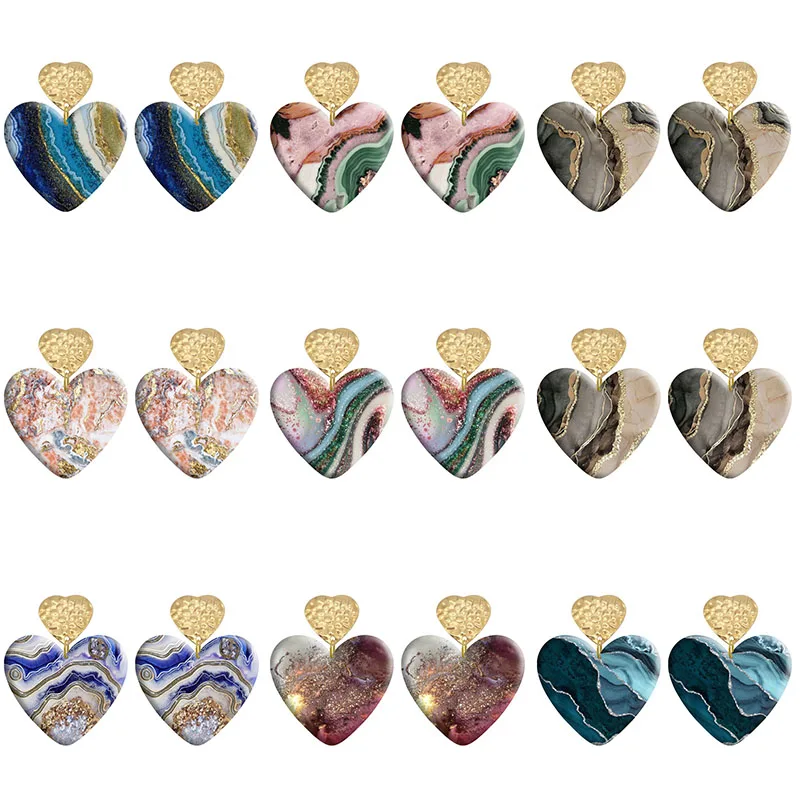 

Golden Line Colorful Stone Texture Patterns Love Acrylic Heart Hook Earrings For Women Piercing Ear Drop Dangle Jewelry R1620