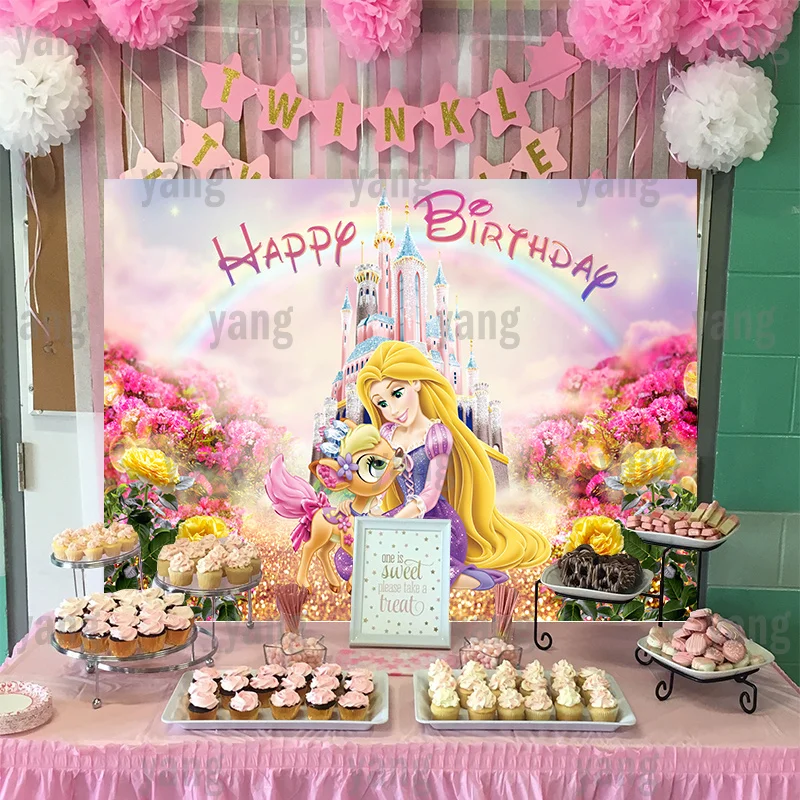 

Disney Cartoon Princess Tangled Rapunzel Colorful Castle Background Girls Birthday Photo Backdrop Party Decoration Photography