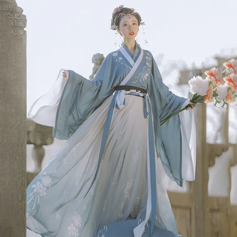 

Spring 6M Full Set Ancient Chinese Costume Hanfu Dress Women Wei Jin Dynasty Elegant Embroidery Floral Vestidos Folk Dancewear