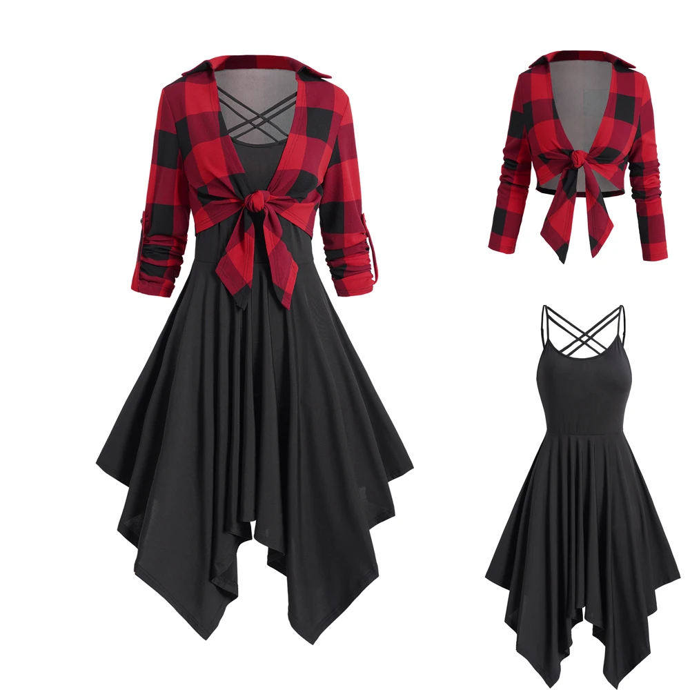 

Long Sleeve Plaid Tops Black Dress Set Check Print Tie Knot Crop Top And Asymmetric Midi Cami Dress Set