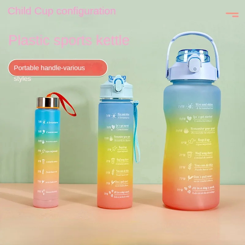 

Large Capacity Sports Water Bottle with Straw Gradient Matte Plastic Bottle Portable Handle Three-Piece Set Cute Water Bottle