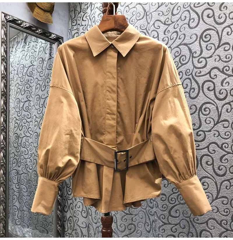 

100%Cotton Blouse 2022 Autumn Style Women Turn-down Collar Belt Deco Long Sleeve Casual Khaki Button Shirts Blouses Ladies Top
