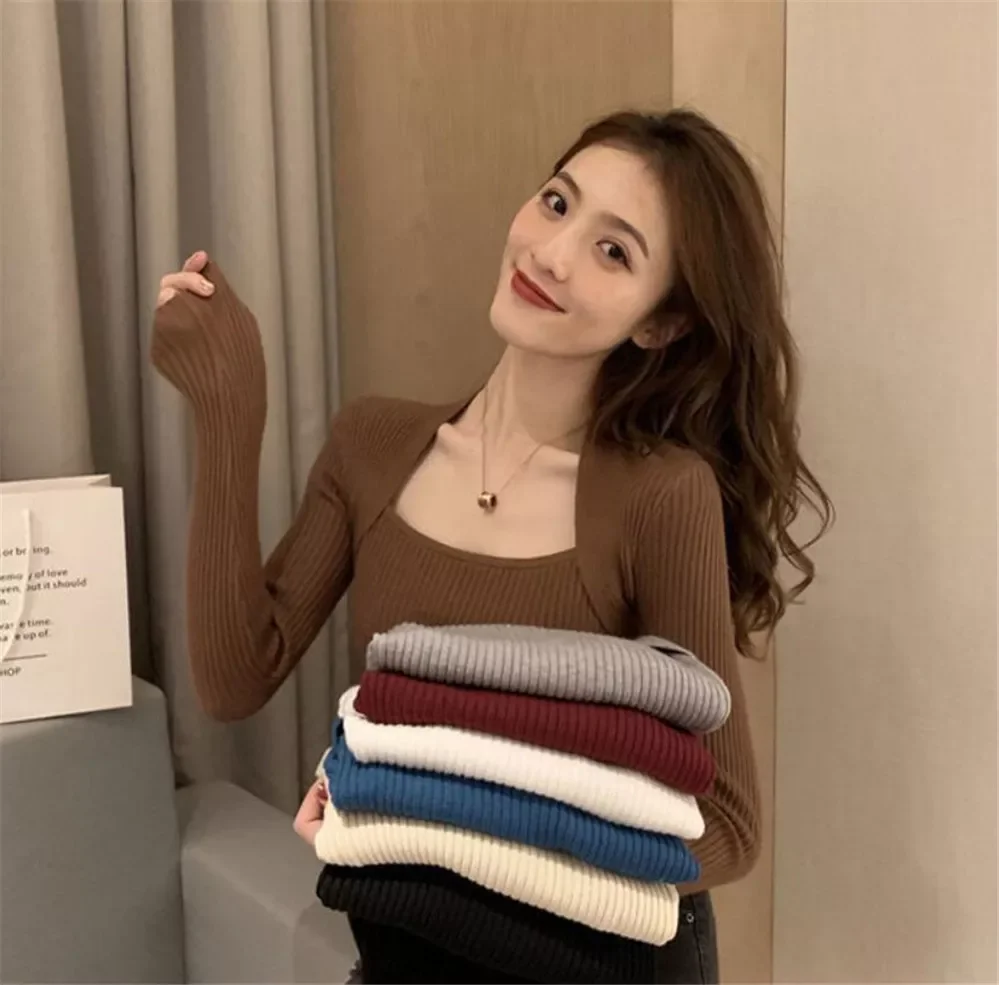 

Новинка 2020, модные новые женские свитера, сезон весна-осень, свитер, облегающая футболка, Женский вязаный базовый топ с квадратным вырезом и ...