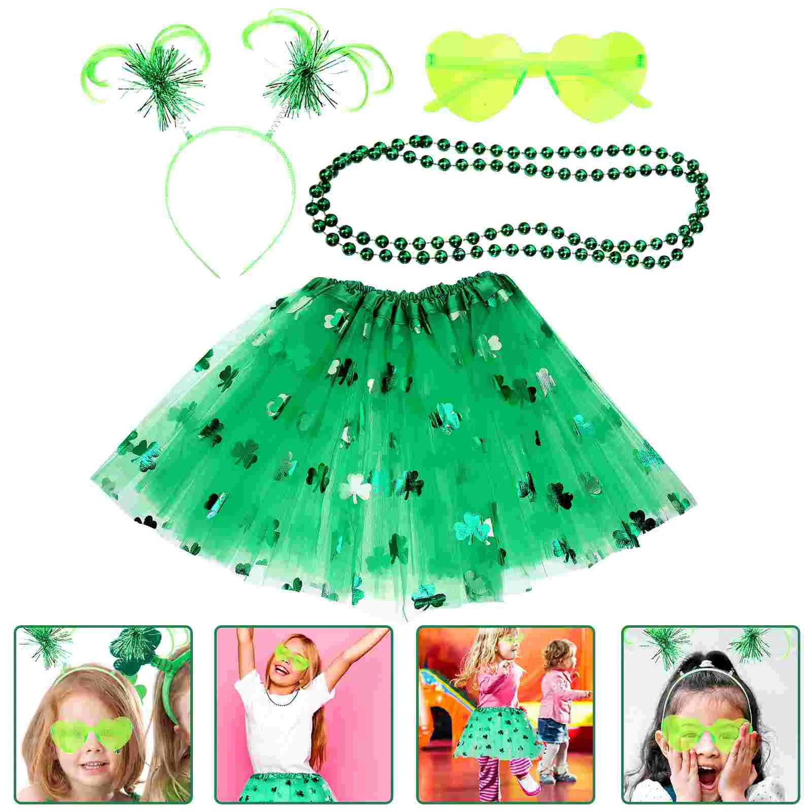

Festival Skirt Outfit Heart Necklaces Plastic Shamrock Glasses Bead Tinsel Headband Abs Headband