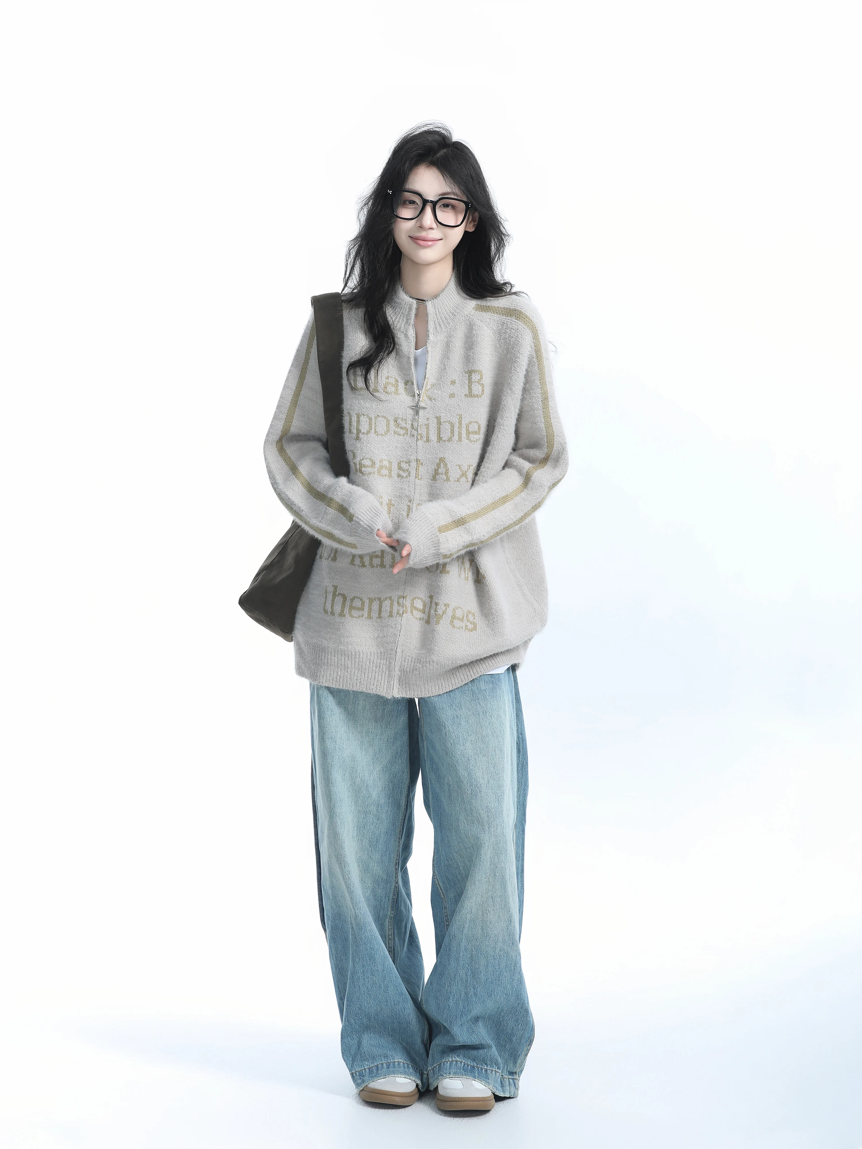 [Sitting in the Mountains] American High Street Fashion Brand Zip-up Cardigan sweater Outerwear Women Autumn and Winter Lazy ...