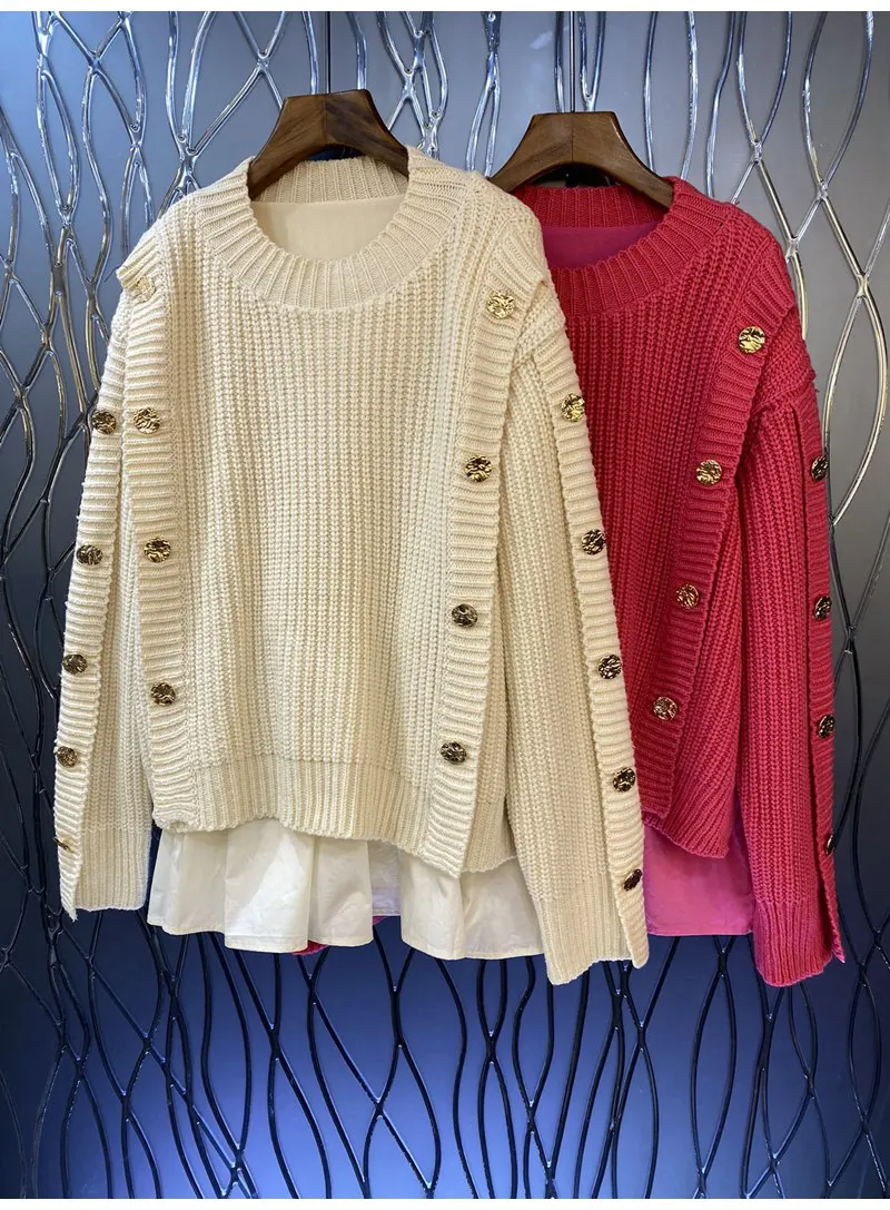 2022 Autumn Winter Fashion Style Sweates Women Color Block Patchwork Big Button Deco Long Sleeve Casual Beige Pink Loose Tops