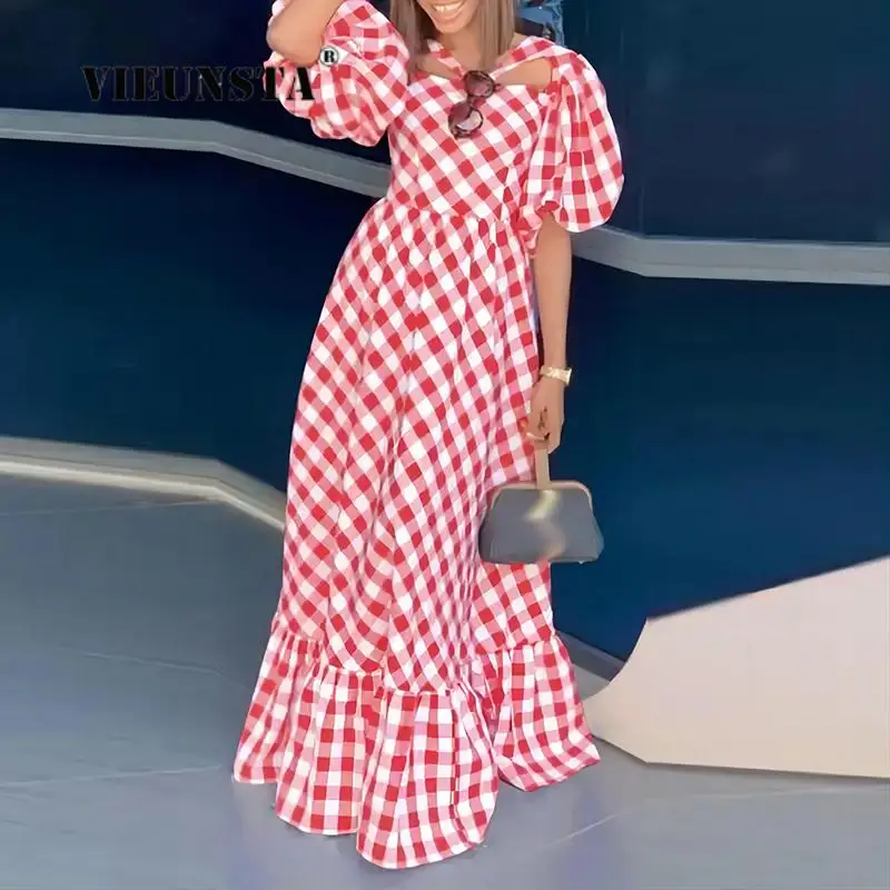 

Casual Hollow Out O-Neck Puff Sleeve Maxi Dress Female Loose Ruffle Long Dress Mujer Women Summer New Plaid Print Bohemian Dress
