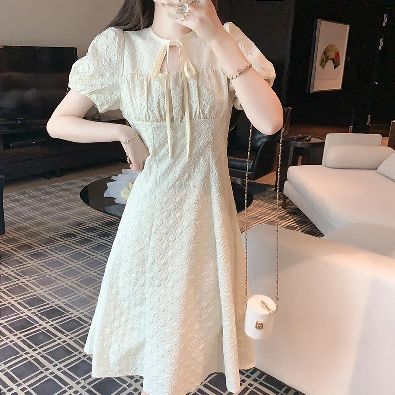 

2023 Spring Summer New Women's Dress French Sweet Fashion Splice Bowknot Bubble Sleeve Round Neck Free Shipping