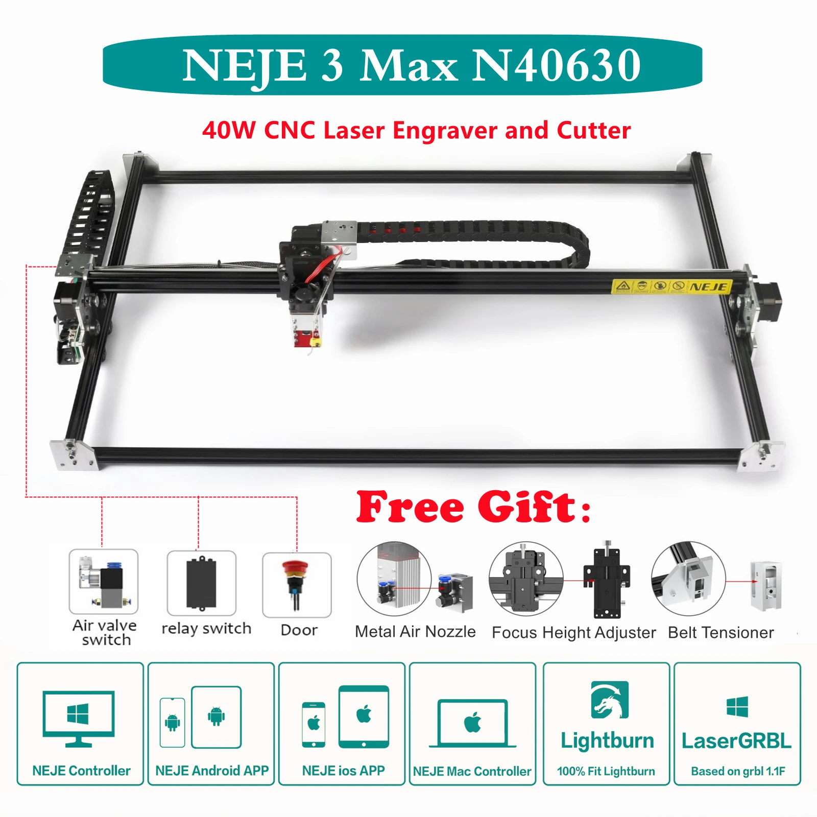 

NEJE 3 Max N40630 40W Desktop Wireless CNC Laser Engraver Wood Cutter Router Mark Printer 5.5W-7.5W Output Lightburn APP Control
