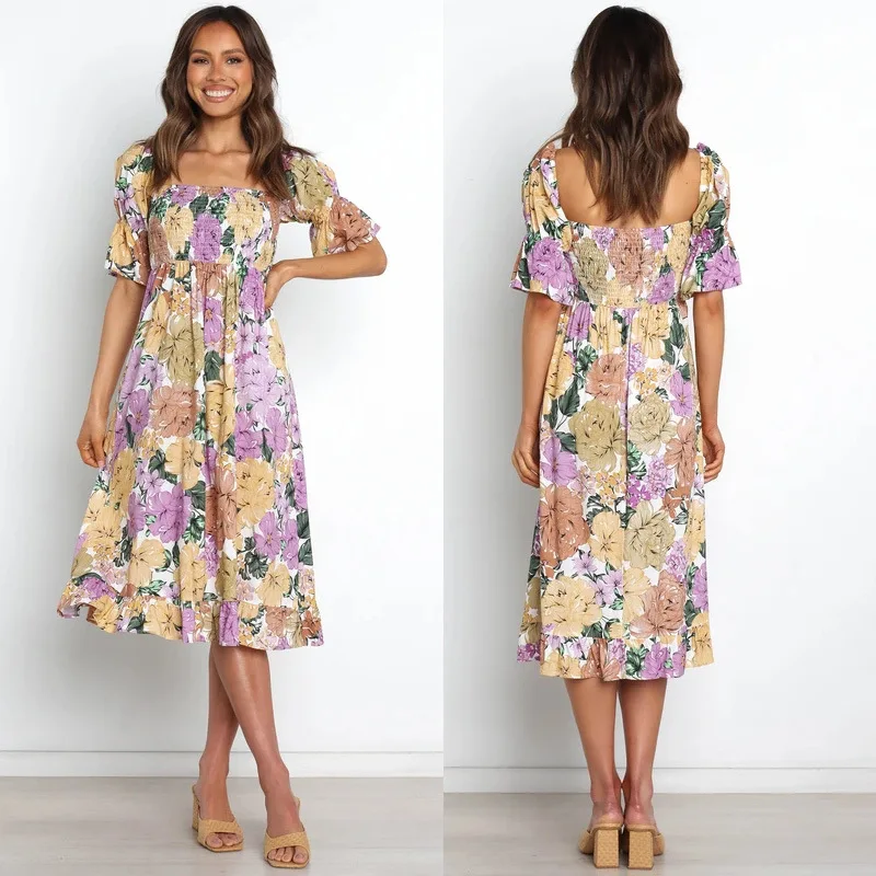 

Women Dress Summer Spring New Ruffle Sleeves Large Flower Print Elastic Casual Mid-length Open Back Temperament Commuter Dress