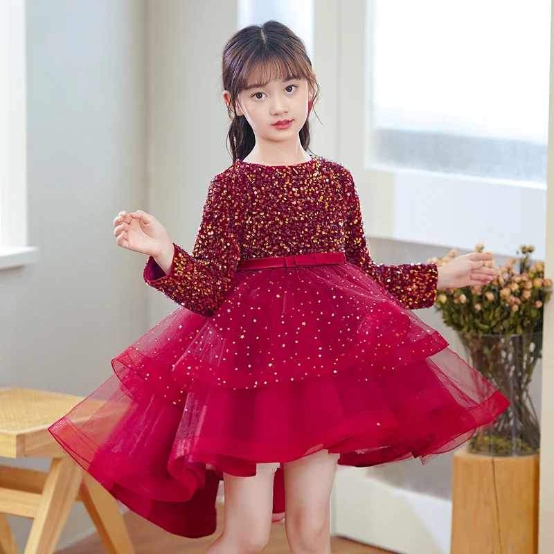 

Red Trailing Christmas Dress For Girls Birthday Wedding Party Dresses Long Sleeve Sequin Kids Girl Formal Bridesmaid Costumes
