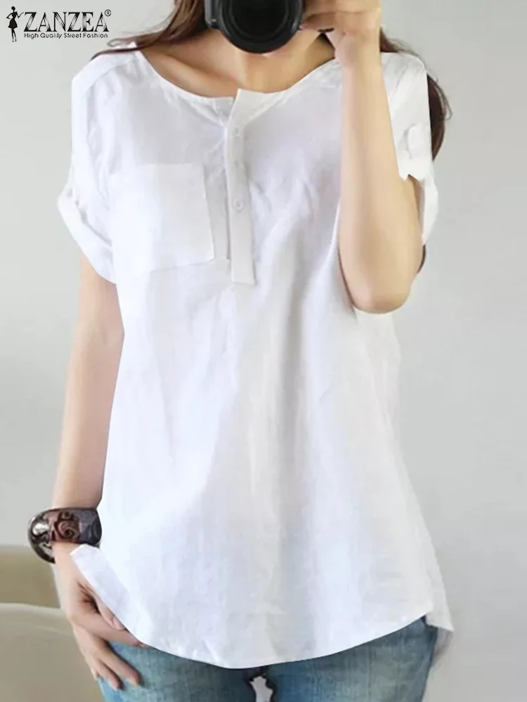 

ZANZEA 2023 Summer Women Blouse Fashion LooseSolid Color Tops Casual Short Sleeve O Neck Blusas Female Cotton Tunic Oversized