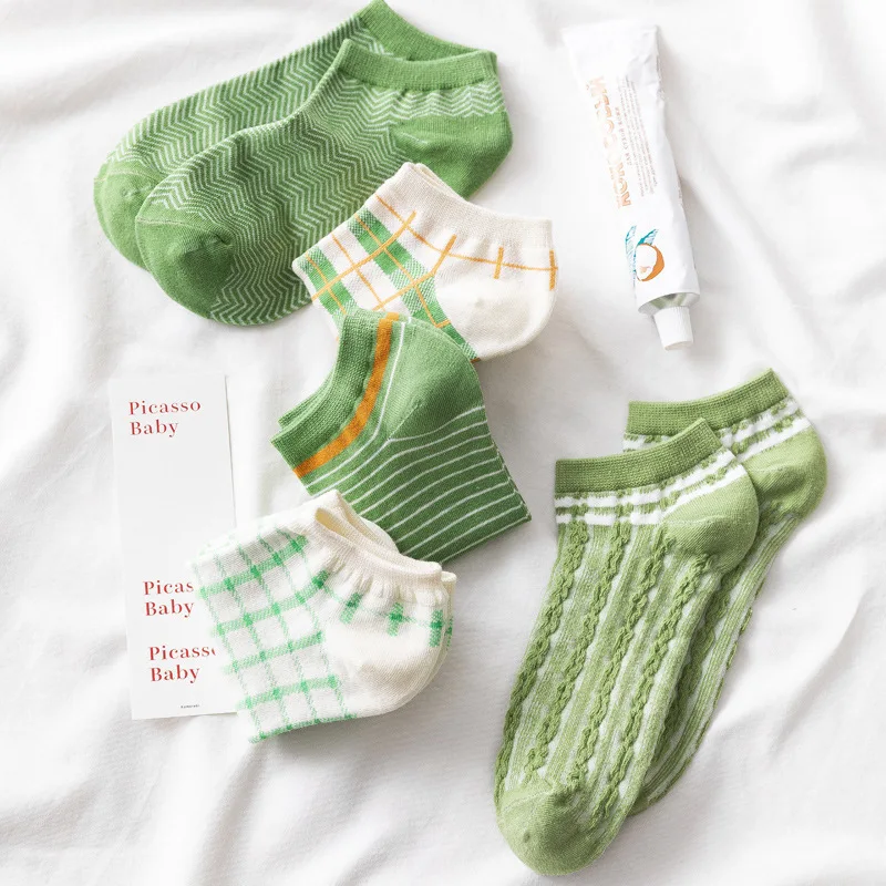 

5 Pairs/lot Elegant Funny Cute Cotton Girls Vintage Flowers Short Female Low Cut Ankle Green Leaves Socks Summer Spring Women