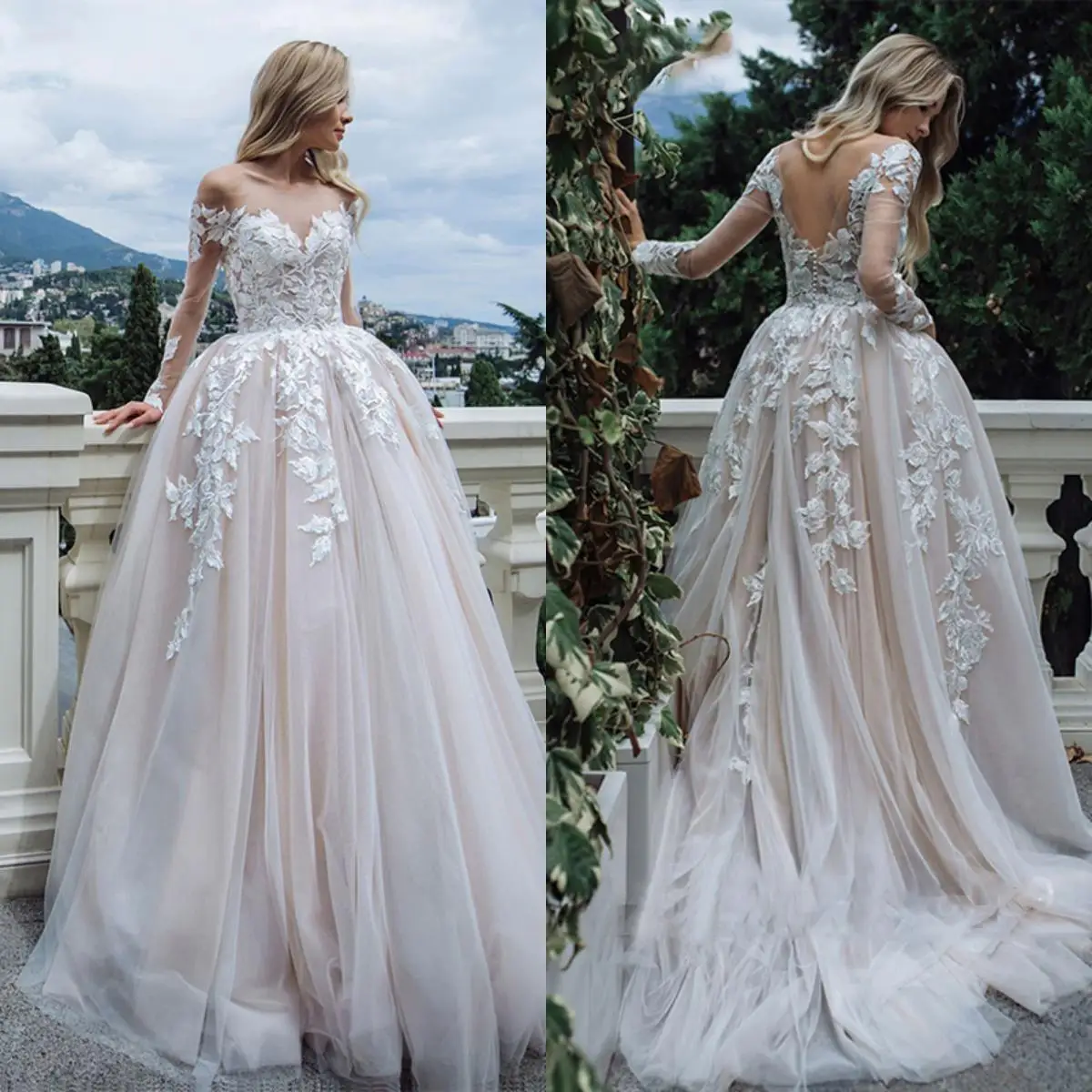

#13798 Modern Long Sleeve Wedding Dress Ball Gown Sexy Boat Neck Appliques Bridal Gown Lace Backless Button Tulle Robe De Mariée