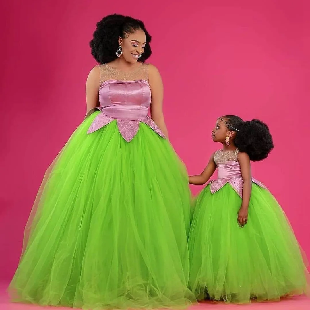 Chic Mom And Kid Family Look Matching Dress For Photo Shoot Pink   And Green Extra Puffy Ball Gown Tulle Mother And Me Dressing